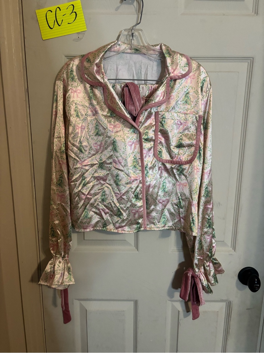 Silky Floral Pink Trim Pajama Top Christmas pj set